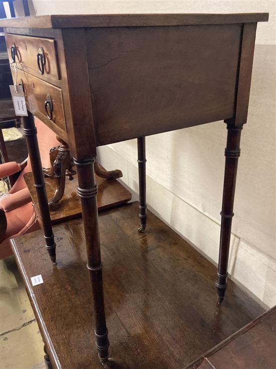 A Regency mahogany two drawer work table, fitted two small drawers, width 48cm, depth 40cm, height 73cm